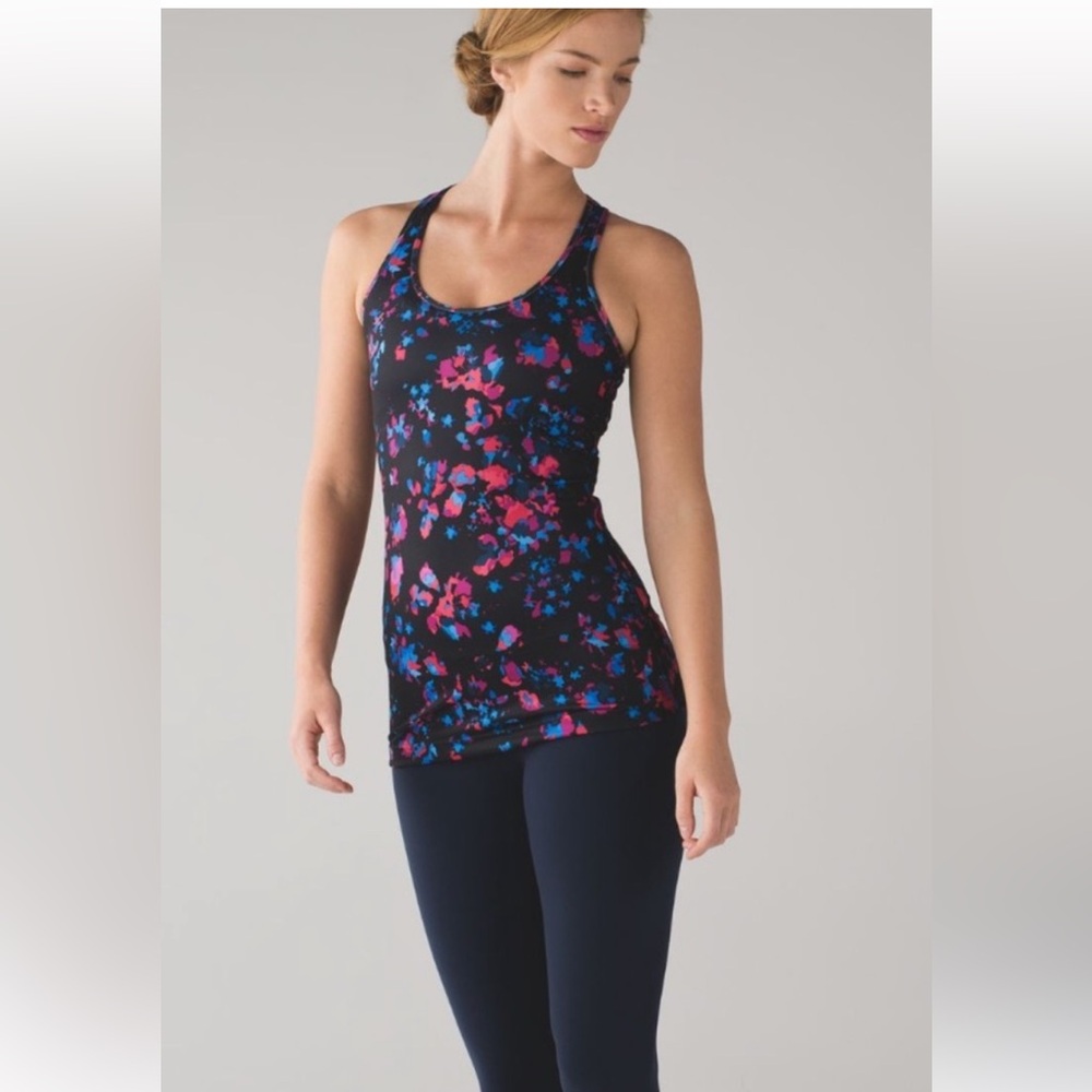 Lululemon Cool Racerback Dandy Digie Multicolored on Black Tank Top EUC sz 8